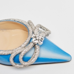 Pre Owned Mach & Mach Blue/White Iridescent PVC Crystal Embellished Double Bow Mules Size 38