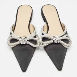 مملوكة مسبقًا Mach & Mach Black Satin Crystals Double Bow Flat Mules Size 40.5