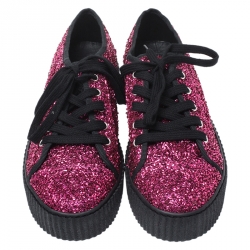 Pre Owned MM6 Maison Margiela Pink Glitter Fabric Bead Embellished Platform Low Top Sneakers Size 38