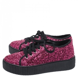 Pre Owned MM6 Maison Margiela Pink Glitter Fabric Bead Embellished Platform Low Top Sneakers Size 38