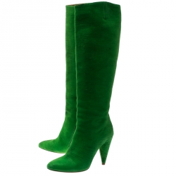 Pre Owned Maison Martin Margiela Parakeet Green Textured Suede Knee Length Cone Heel Boots Size 38