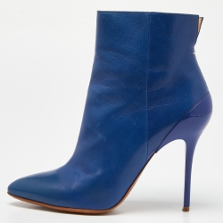 Navy Blue Leather Pointed Toe Ankle Booties