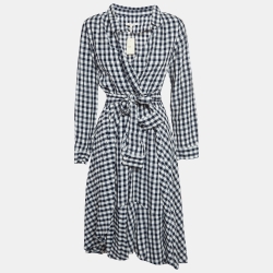 Maje Navy Blue Gingham Crepe Waist Tie-Up Asymmetric Midi Dress M