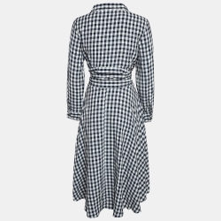 Maje Navy Blue Gingham Crepe Waist Tie-Up Asymmetric Midi Dress M