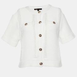 Maje White Cotton Knit Button Front Cropped Cardigan S