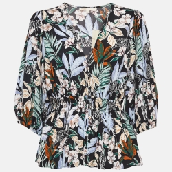 Maje Multicolor Printed Smocked V Neck Top XL