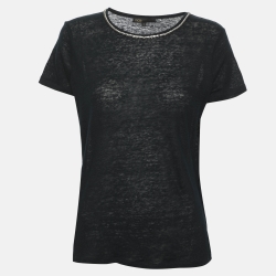 Pre Owned Maje Navy Blue Linen Crystal Neck Embellished Tops S