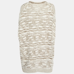 Maje White/Gold Crochet Knit Oversized Sweater One Size