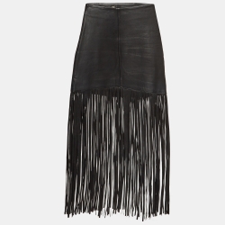 Pre Owned Maje Black Leather Fringed Short Skirt M