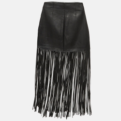 Pre Owned Maje Black Leather Fringed Short Skirt M