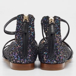 Pre Owned Malone Souliers Navy Blue Coarse Glitter Robyn Ankle Strap Flats Size 40