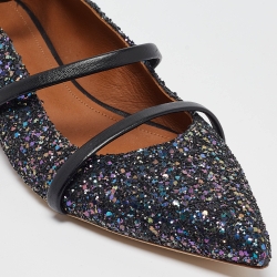 Pre Owned Malone Souliers Navy Blue Coarse Glitter Robyn Ankle Strap Flats Size 40