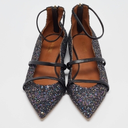 Pre Owned Malone Souliers Navy Blue Coarse Glitter Robyn Ankle Strap Flats Size 40