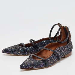 Pre Owned Malone Souliers Navy Blue Coarse Glitter Robyn Ankle Strap Flats Size 40