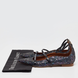 Pre Owned Malone Souliers Navy Blue Coarse Glitter Robyn Ankle Strap Flats Size 40