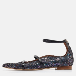 Pre Owned Malone Souliers Navy Blue Coarse Glitter Robyn Ankle Strap Flats Size 40