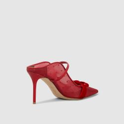 Pre Owned Malone Souliers Red Marguerite Maureen Velvet Bow Polka Dot Mesh Mules Size IT 42