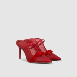 Pre Owned Malone Souliers Red Marguerite Maureen Velvet Bow Polka Dot Mesh Mules Size IT 42