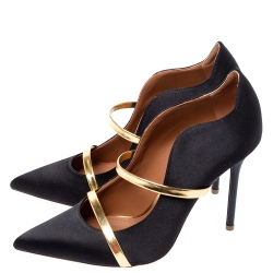 Pre Owned Malone Souliers Black Satin And Leather Maureen Pointed Toe Pumps Size 38