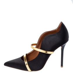 Pre Owned Malone Souliers Black Satin And Leather Maureen Pointed Toe Pumps Size 38