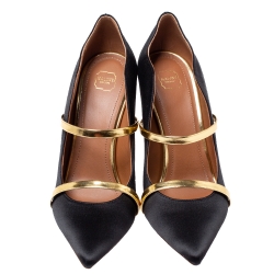 Pre Owned Malone Souliers Black Satin And Leather Maureen Pointed Toe Pumps Size 38