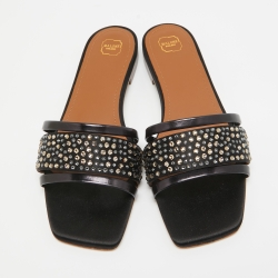 Pre Owned Malone Souliers Black Satin Crystal Embellished Rosa Flat Slides Size 36.5
