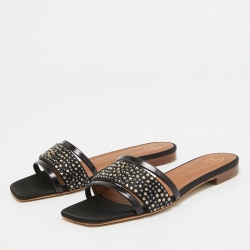 Pre Owned Malone Souliers Black Satin Crystal Embellished Rosa Flat Slides Size 36.5