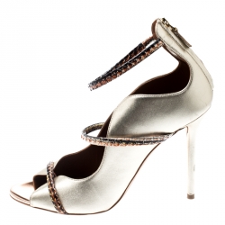 Pre Owned حذاء كعب عالي مالون سولييه باي روي لوفولت مقدمة مفتوحة ثلاثة أربطة ميكا جلد ذهبي ميتالك مقاس 39