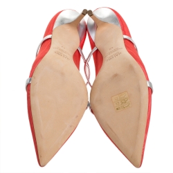 Pre Owned Malone Souliers Coral Orange/Silver Canvas And Leather Maureen Pointed Toe Mules Size 42