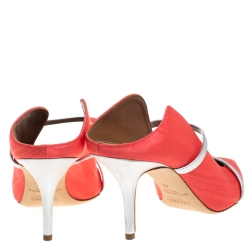 Pre Owned Malone Souliers Coral Orange/Silver Canvas And Leather Maureen Pointed Toe Mules Size 42