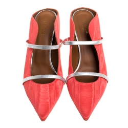 Pre Owned Malone Souliers Coral Orange/Silver Canvas And Leather Maureen Pointed Toe Mules Size 42