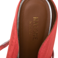 Pre Owned Malone Souliers Coral Orange/Silver Canvas And Leather Maureen Pointed Toe Mules Size 42