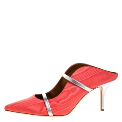 Pre Owned Malone Souliers Coral Orange/Silver Canvas And Leather Maureen Pointed Toe Mules Size 42
