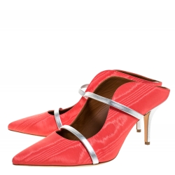 Pre Owned Malone Souliers Coral Orange/Silver Canvas And Leather Maureen Pointed Toe Mules Size 42