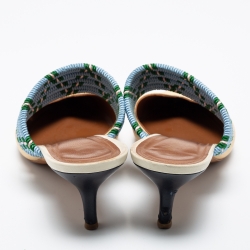 Pre Owned Malone Souliers Cream/Blue Raffia And Fabric Maisie Pointed Toe Mules Size 40
