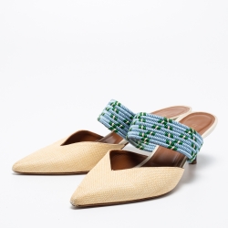 Pre Owned Malone Souliers Cream/Blue Raffia And Fabric Maisie Pointed Toe Mules Size 40