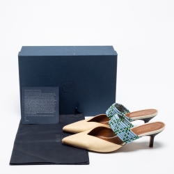 Pre Owned Malone Souliers Cream/Blue Raffia And Fabric Maisie Pointed Toe Mules Size 40