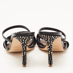 Pre Owned Malone Souliers Black Leather and Crystal Embellished Suede Slide Sandals Size 38