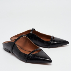 Pre Owned Malone Souliers Black Croc Embossed Leather Maureen Flat Mules Size 39