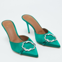 Pre Owned Malone Soulier's Green Satin Crystal Embellished Pointed Toe Mules Size 40.5