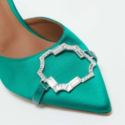 Pre Owned Malone Soulier's Green Satin Crystal Embellished Pointed Toe Mules Size 40.5