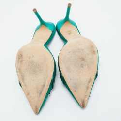 Pre Owned Malone Soulier's Green Satin Crystal Embellished Pointed Toe Mules Size 40.5