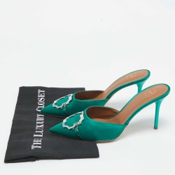 Pre Owned Malone Soulier's Green Satin Crystal Embellished Pointed Toe Mules Size 40.5