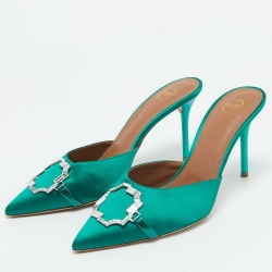 Pre Owned Malone Soulier's Green Satin Crystal Embellished Pointed Toe Mules Size 40.5