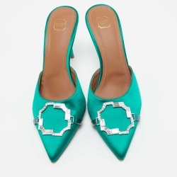 Pre Owned Malone Soulier's Green Satin Crystal Embellished Pointed Toe Mules Size 40.5