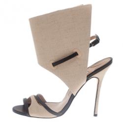 Manolo Blahnik Beige Canvas Suntaxa Ankle Wrap Sandals Size 38.5