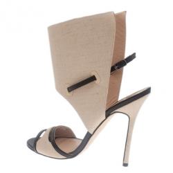 Manolo Blahnik Beige Canvas Suntaxa Ankle Wrap Sandals Size 38.5