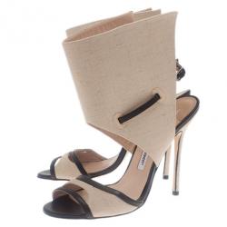Manolo Blahnik Beige Canvas Suntaxa Ankle Wrap Sandals Size 38.5