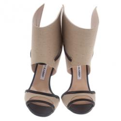 Manolo Blahnik Beige Canvas Suntaxa Ankle Wrap Sandals Size 38.5