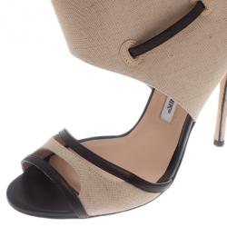 Manolo Blahnik Beige Canvas Suntaxa Ankle Wrap Sandals Size 38.5